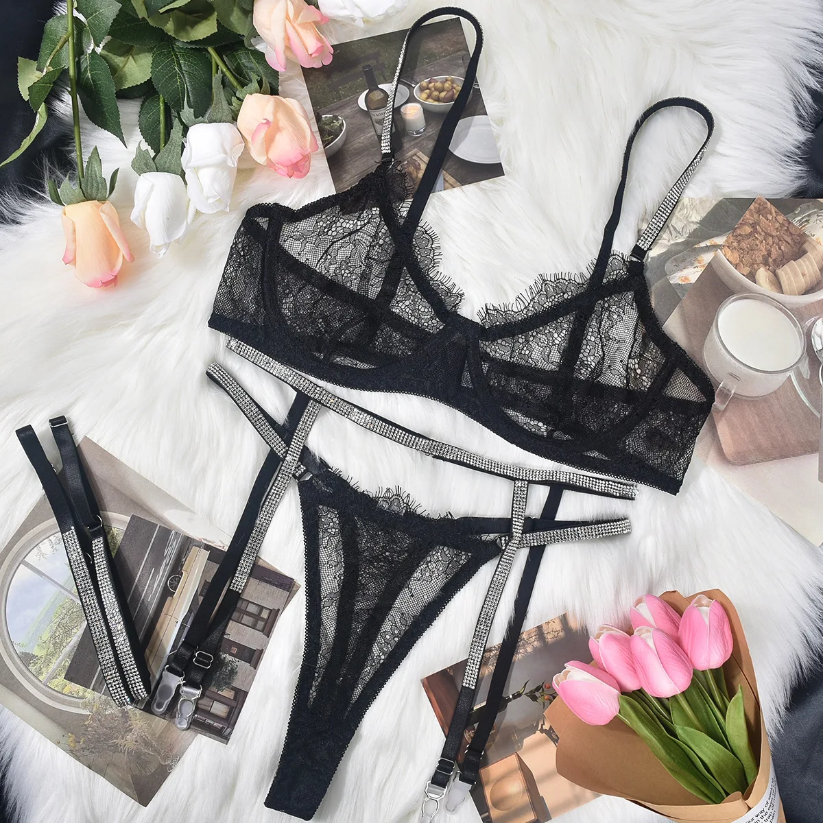 Strass-Dessous-Set für Damen, transparente Spitze, Push-up-BH, transparente Unterwäsche für erotisches Nacht-Outfit