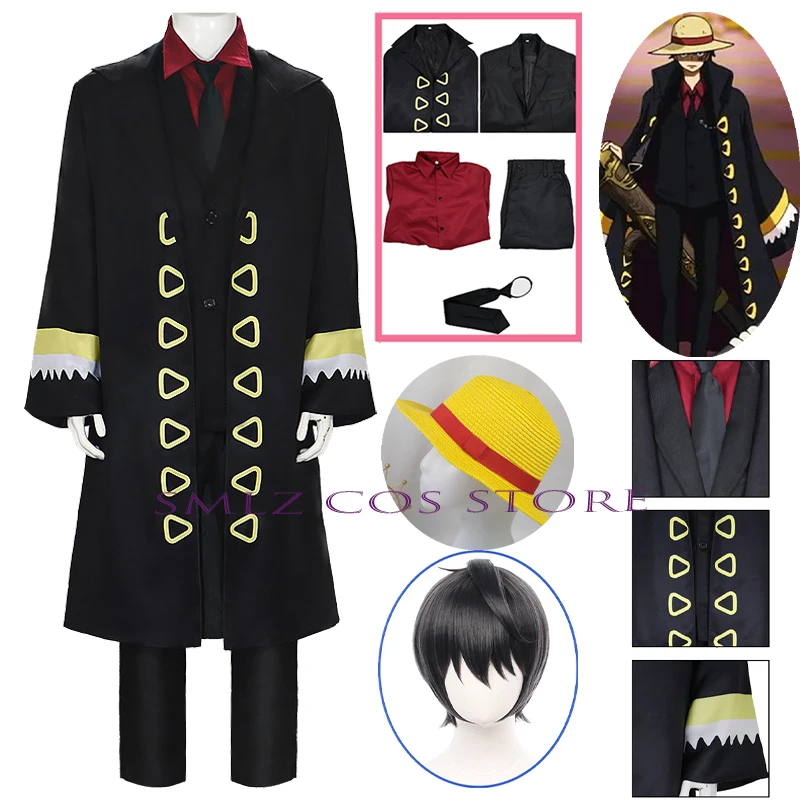 FILM STRONG WORLD Cosplay Luffy Black Uniform Anime Costume Trench Coat Top Pants Suit Halloween Party New Clothes for Men