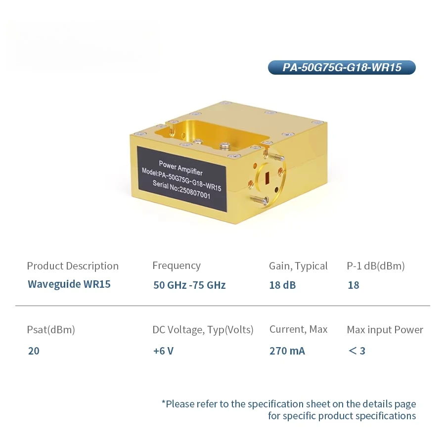 Gwave Waveguide WR15 18dB Gain 20dBm Psat 50-75GHz 50 Ohm Coaxial Connector Wide Band Low Noise Figure Gold Plated Amplifier