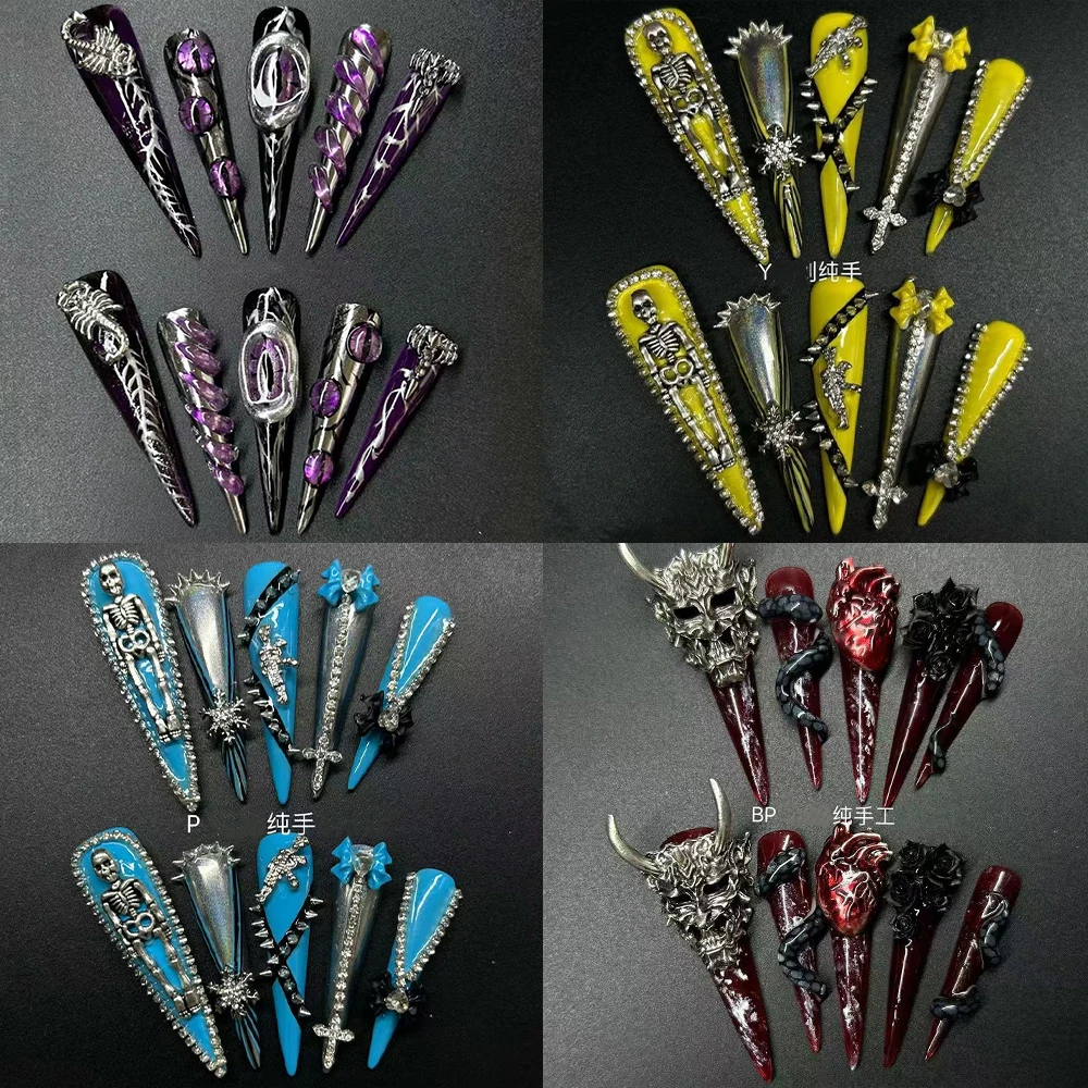 

Heavy Metal Punk Style Handmade Long Stiletto Press On Nail Rivets Gun Snake Scorpion Snowflake Bow Diamond Butterfly Fake Nails