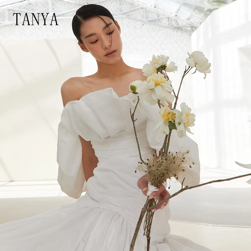 Off The Shoulder Taffeta gaun pernikahan baru gaun pengantin ketat elegan kereta tanpa tali bahu jubah pengantin de mariee TSWD318