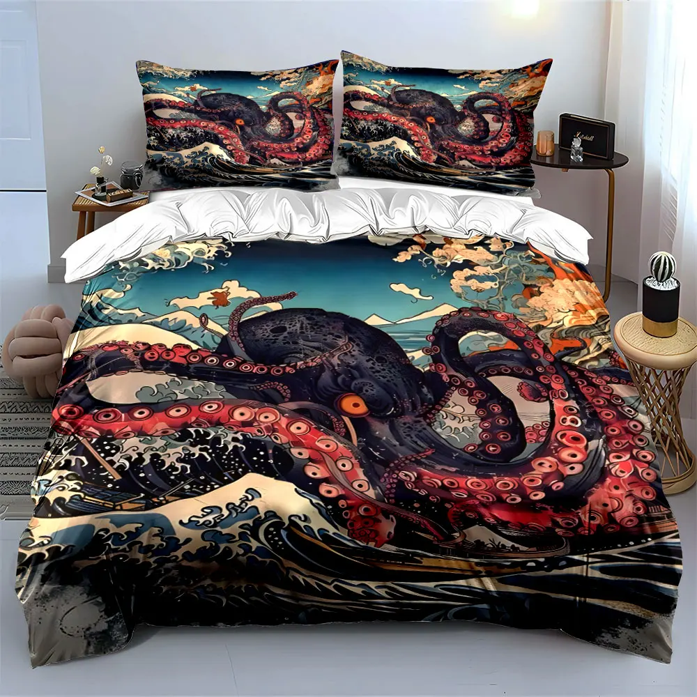 

3Pcs Great Wave Octopus Bedding Set, Hokusai Inspired Sea Monster Print Duvet Cover, Traditional Japanese Style