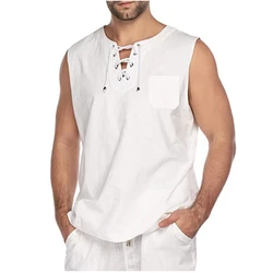 New Men's Summer Tank Breathable Tops Vest Casual Sleeveless T-shirts Loose Lace Up O-Neck Tops Streetwear