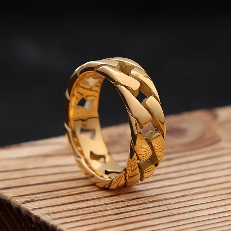 Simple Vintage Hollow Cuban Chain Ring 316L Stainless Steel Punk Hip Hop Biker Rings For Men Women Amulet Jewelry Gift Wholesale