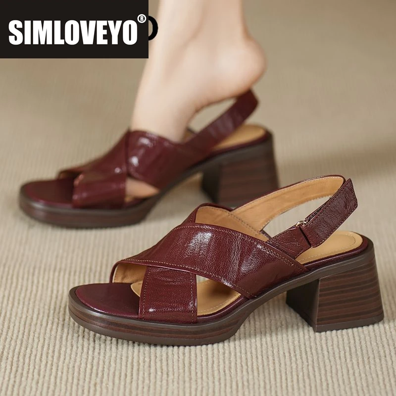 

SIMLOVEYO/Новинка 2023 года, женские сандалии из натуральной кожи, повседневная обувь для свиданий из мягкой овчины с круглым носком на блочном каблуке 6 см на липучке в стиле ретро
