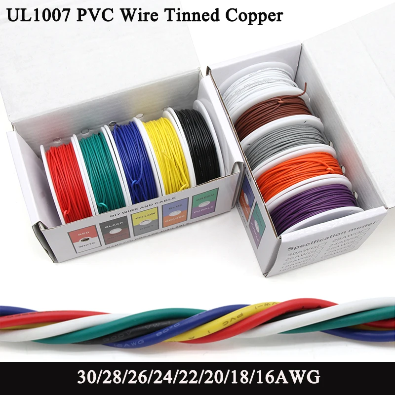 

（5 Colors Mix Kit）UL1007 Wire PVC Insulation Tinned Copper Cable Stranded Electrical Line 30/28/26/24/22/20/18/16 AWG PCB Wire