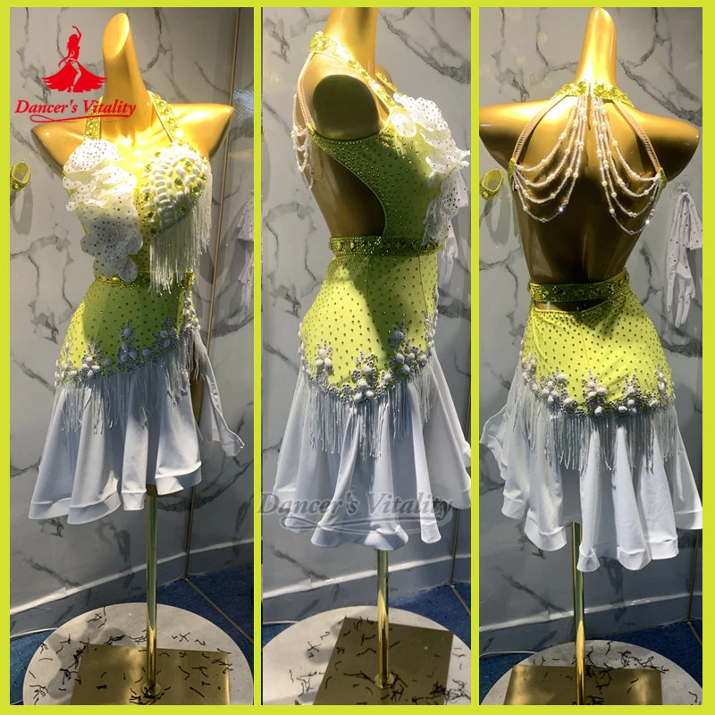 Adult Female Chacha Rumba Samba Two-color Matching Sleeveless Backless Professional Dress Customize Latin Dance Perform Clothing