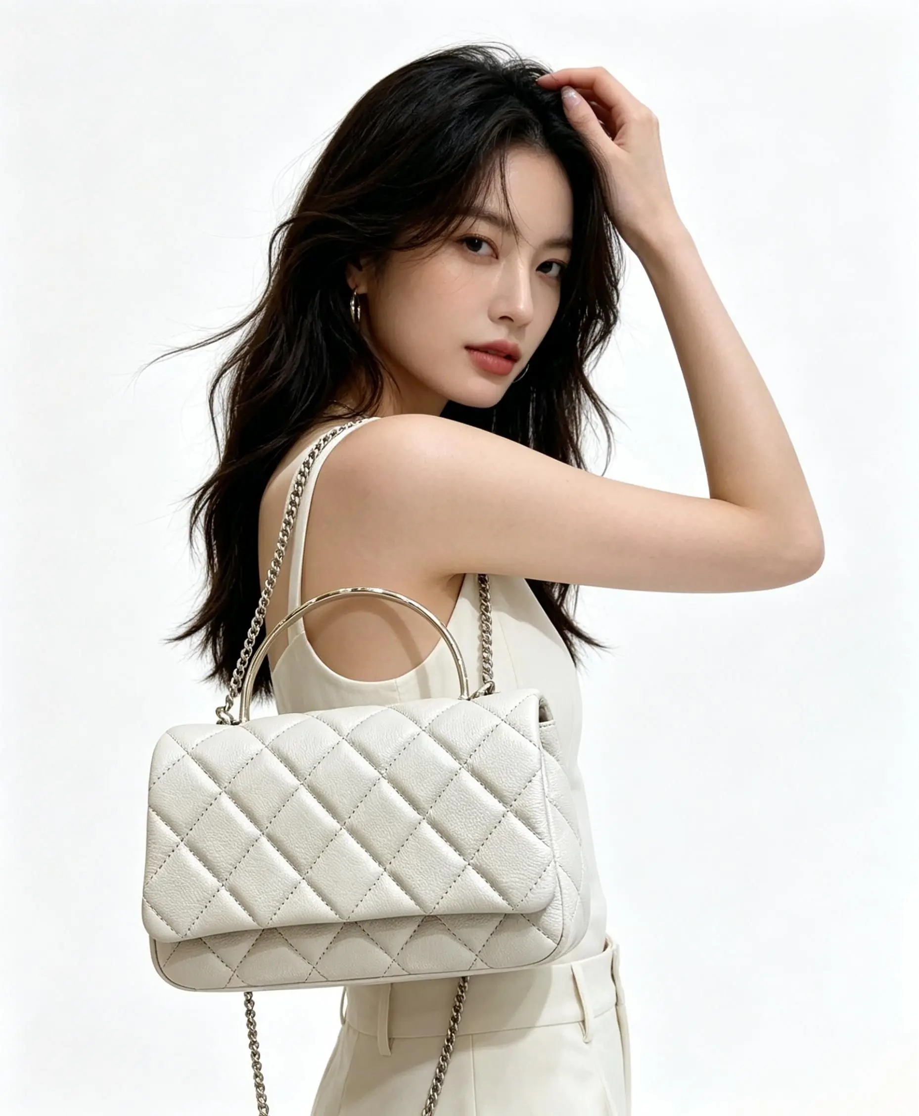 

White Quilted Flap Bag with Metal Top Handle, Classic Style Chain Crossbody Shoulder Bag, Luxury Designer Women's Handbag