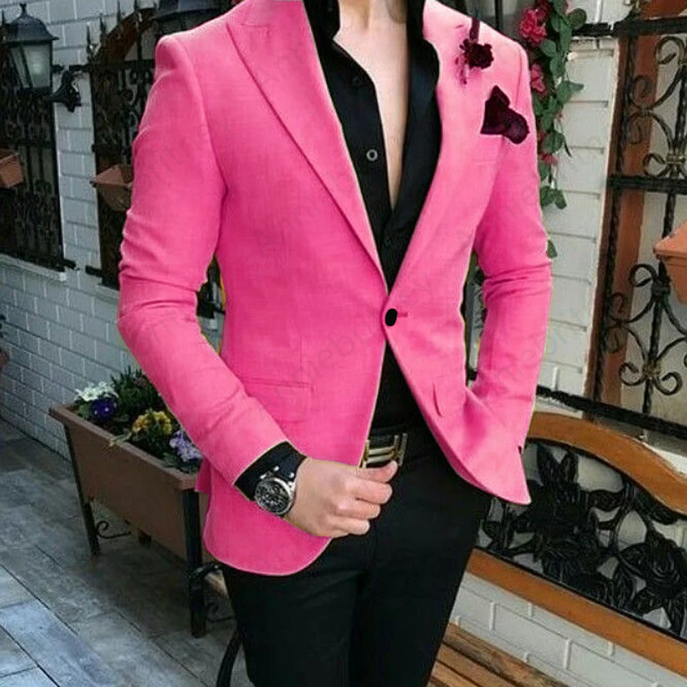 Slim Fit Sky Blue Casual Suits For Men 2 Piece Elegant Dress Men's Suit Custom Made Boyfriend Wedding Blazer Hombre Black Pants