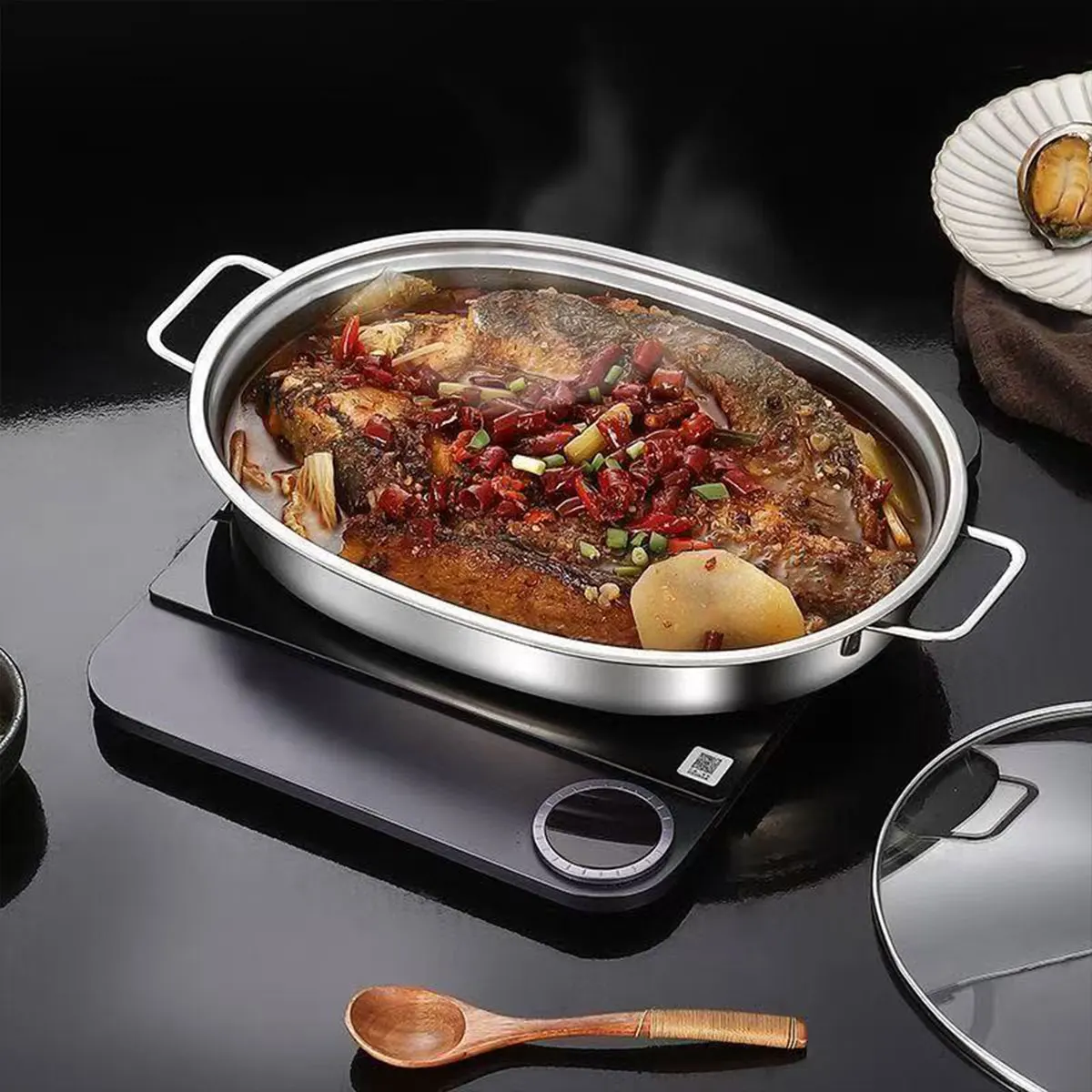 Stainless Steel Tray with Ears for Grilling Fish, Rectangular Plate for Home Use, Fish Plate for Induction Cooker, Deep Plate, Iron Plate for Commercial Use, 1 Piece