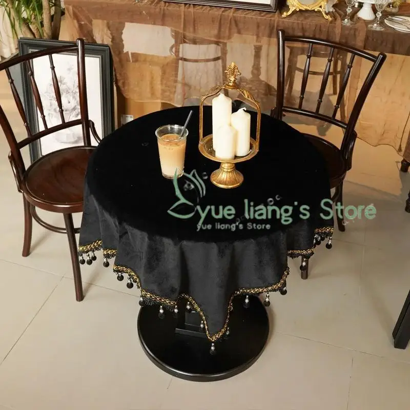 Vintage Black Tassel Dining Table Fabric Small Round Table Rectangular Coffee Table Cloth Cover European Light Luxury Tablecloth