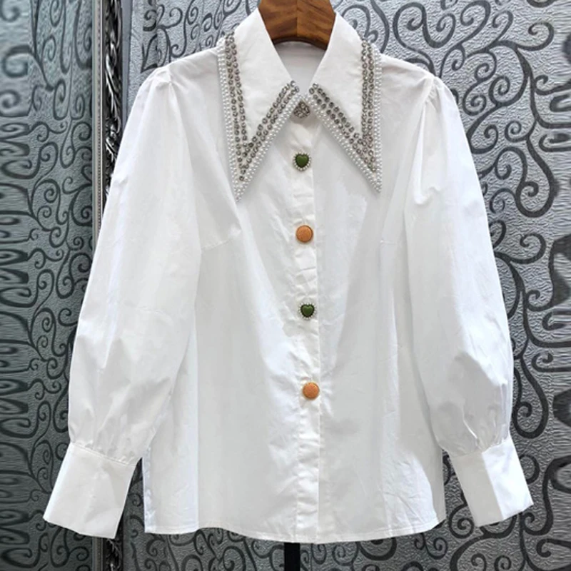 

Fashion Diamond Beaded Lapel White Shirt Women 2023 New Spring Puff Sleeve All-Match Blouse Top q117