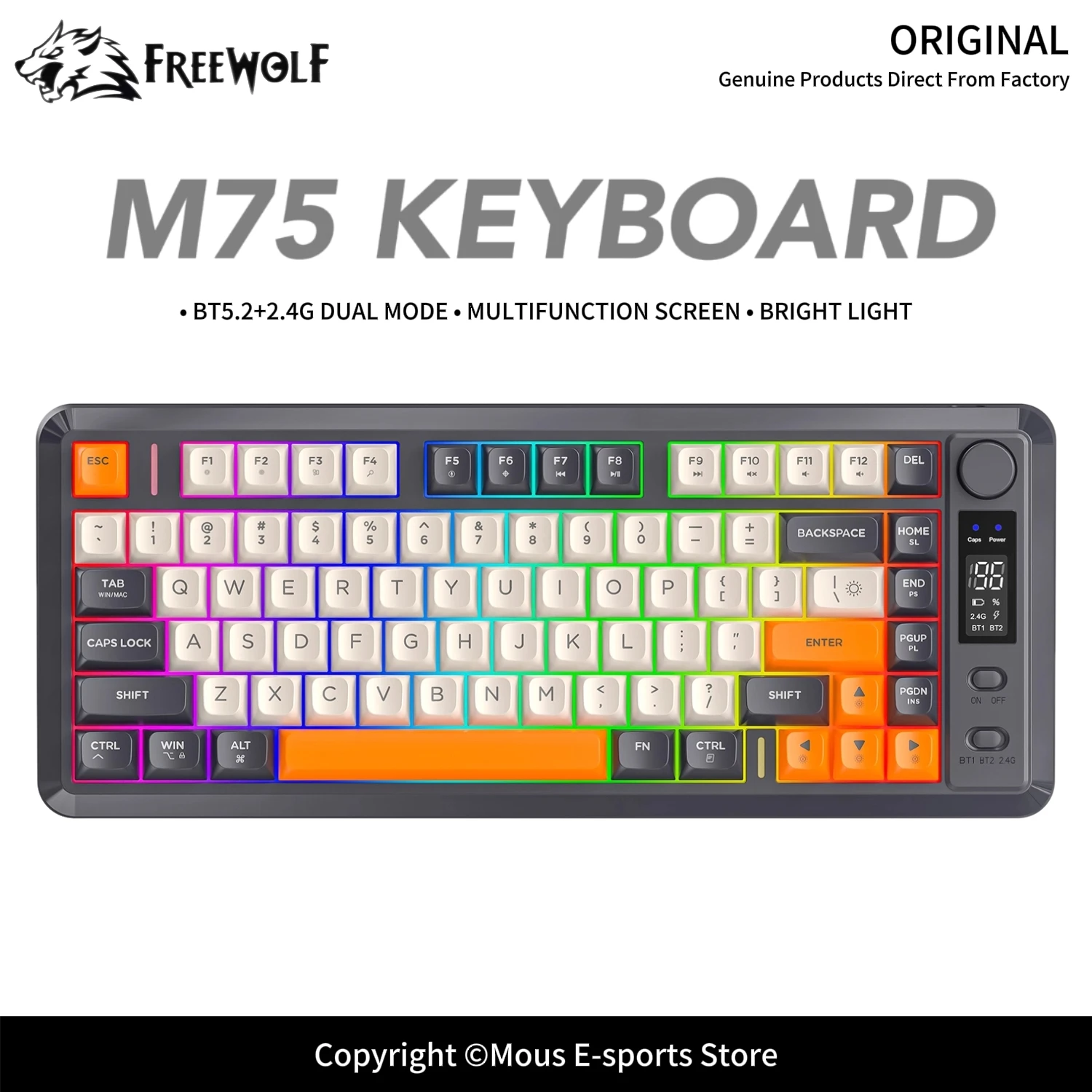 

FREEWOLF M75 Wireless Dual-Mode Keyboard Smart Screen PBT Ball Cap 2000mAh Battery and Multifunction Knob for E-Sports