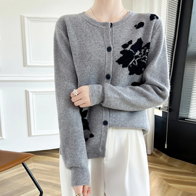 100% merino wool cardigan New cashmere sweater women\'s round neck cardigan in autumn and winter warm soft knit bottoming top