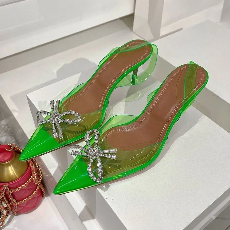 

Новые сандалии на тонком высоком каблуке из ПВХ с острым носком, женские пикантные сандалии со стразами и узлом-бабочкой, летние вечерние модельные туфли