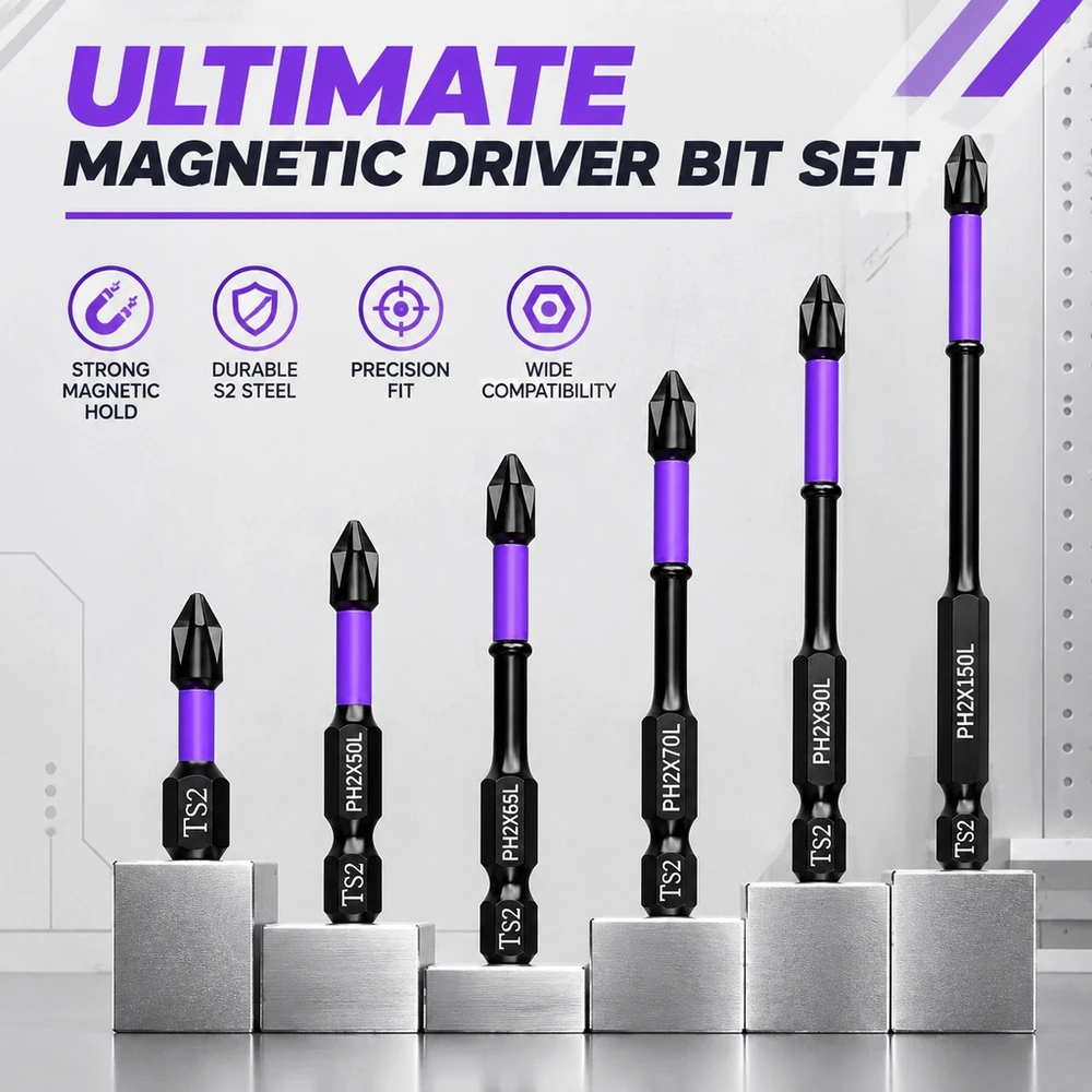 Magnetic Phillips Screwdriver Bits Set D1 Steel Anti Slip 1/4 Inch Hex Shank Quick Change for Power Hand Tools