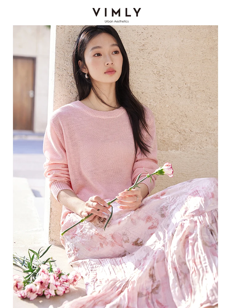 VIMLY Women Simple Knitted Sets 2026 Spring Office Lady Casual Pullover Top+Pleated Floral Printed Skirt Beach Style 2pcs Set
