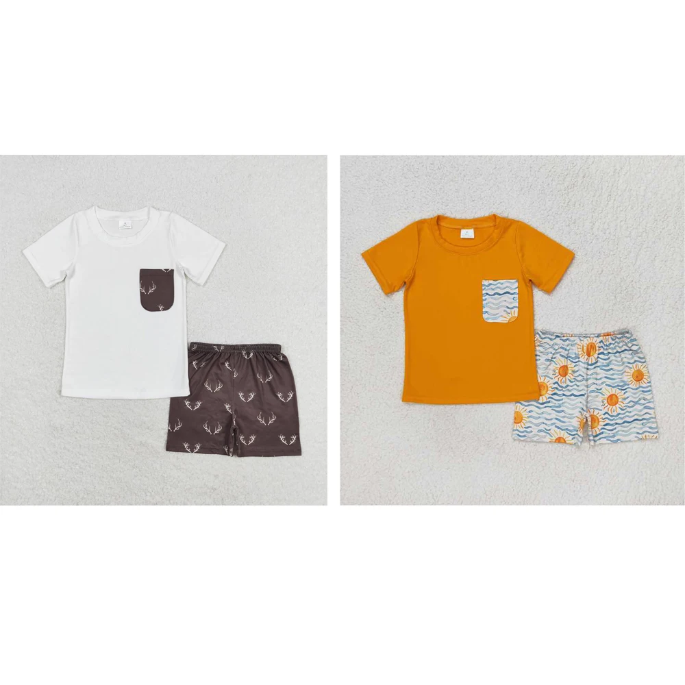 

wholesale summer hot sale western boutique clothing baby boys clothes Sun Wavy line pocket orange short sleeve shorts outfits