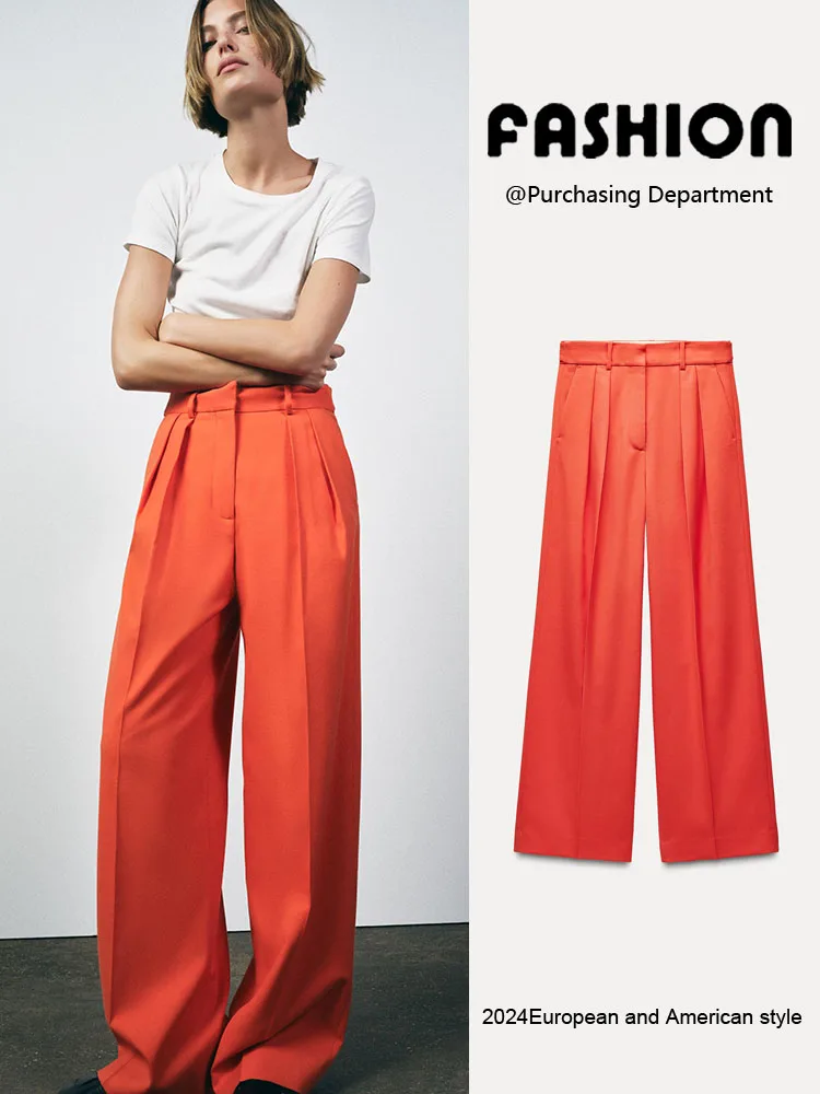 Spring New Arrival Women's Mid-Waist Slimming Ele Simple Faion Pleated Wide Leg Pants Long Trousers 295677