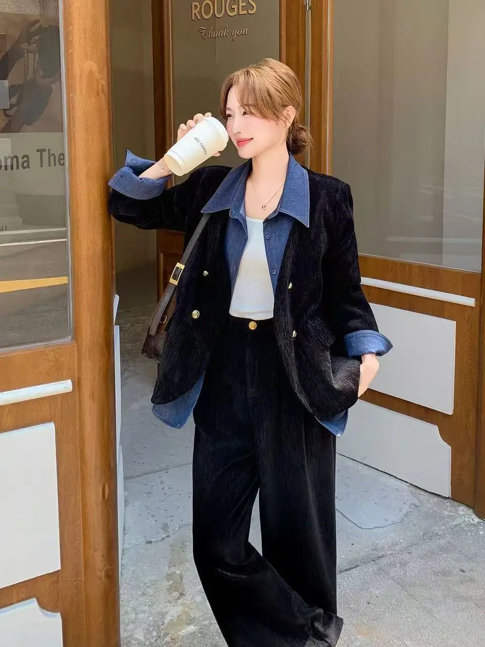 

Большой размер, осенне-весенний джинсовый лоскутный вельветовый костюм, женский корейский свободный крой, повседневный джинсовый костюм с высокой талией