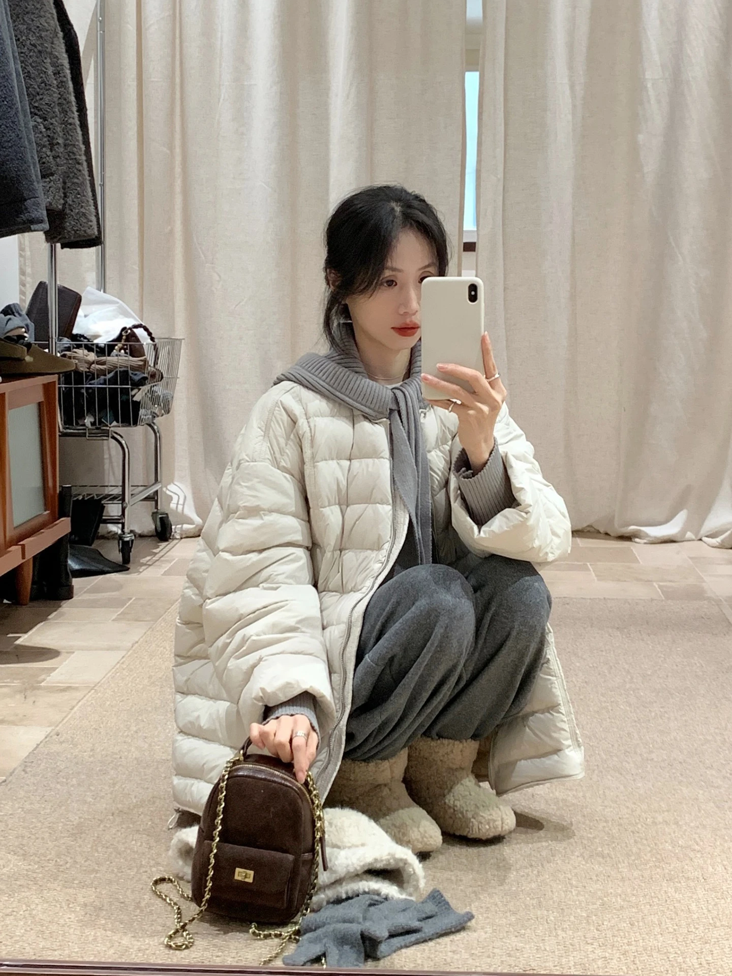 

Korean Sle Women's Knitted Hooded down Jaet 90% White Du down Warmth Bread Sle Coat Long Sve Mid-Length Zipper