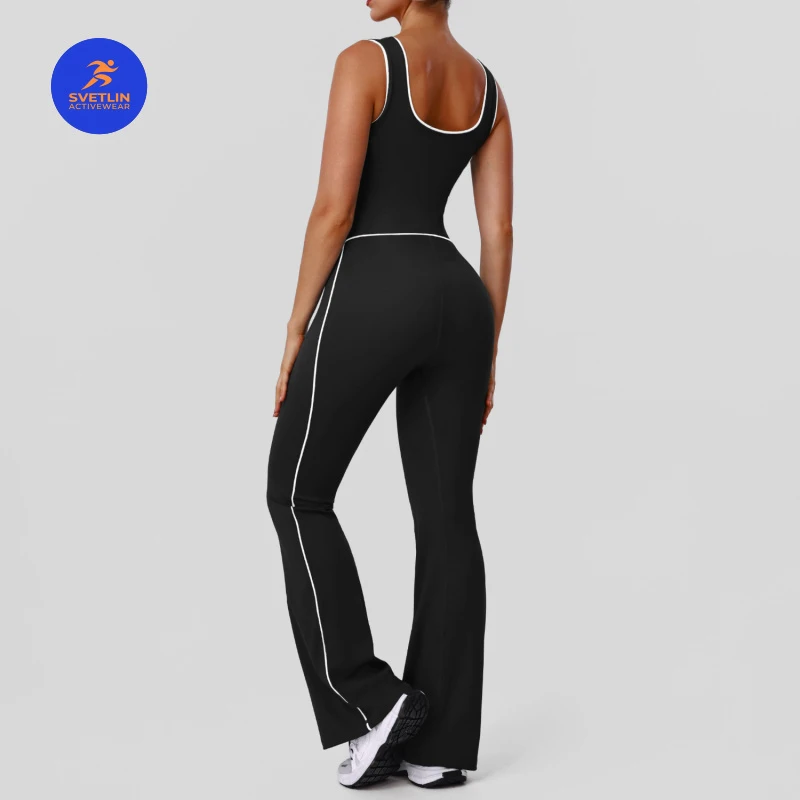 SVETLIN EU US Size High Quality Crossborder Hollow Out Color Block Shaping Yoga Bodysuit Padded Flare Pants Peach Lifting