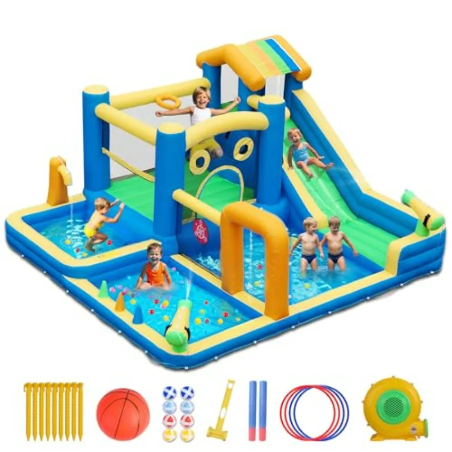 

Backyard outdoor inflatable water slide for kids: 10-in-1 bounce house with climbing wall, basketball hoop, water gun, jumping