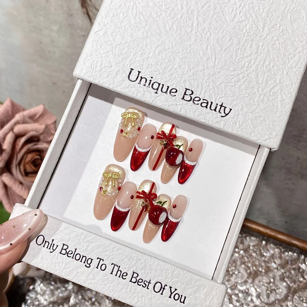 10 pezzi autunno inverno regali di Natale stampa fatta a mano sulle unghie fiocco dorato 3D mela rossa occhio di gatto unghie finte rimovibili riutilizzabili