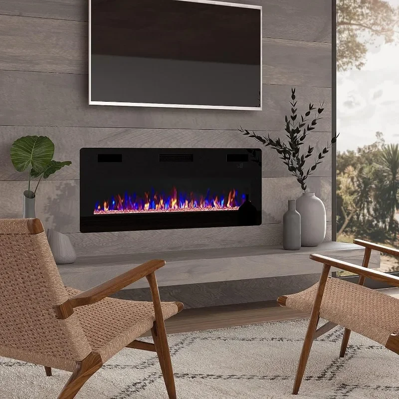 Ultra-Thin Silence Linear Electric Fireplace,Recessed Wall Mounted Fireplace,12 Adjustable Flame Color&Speed,Touch Screen Remote