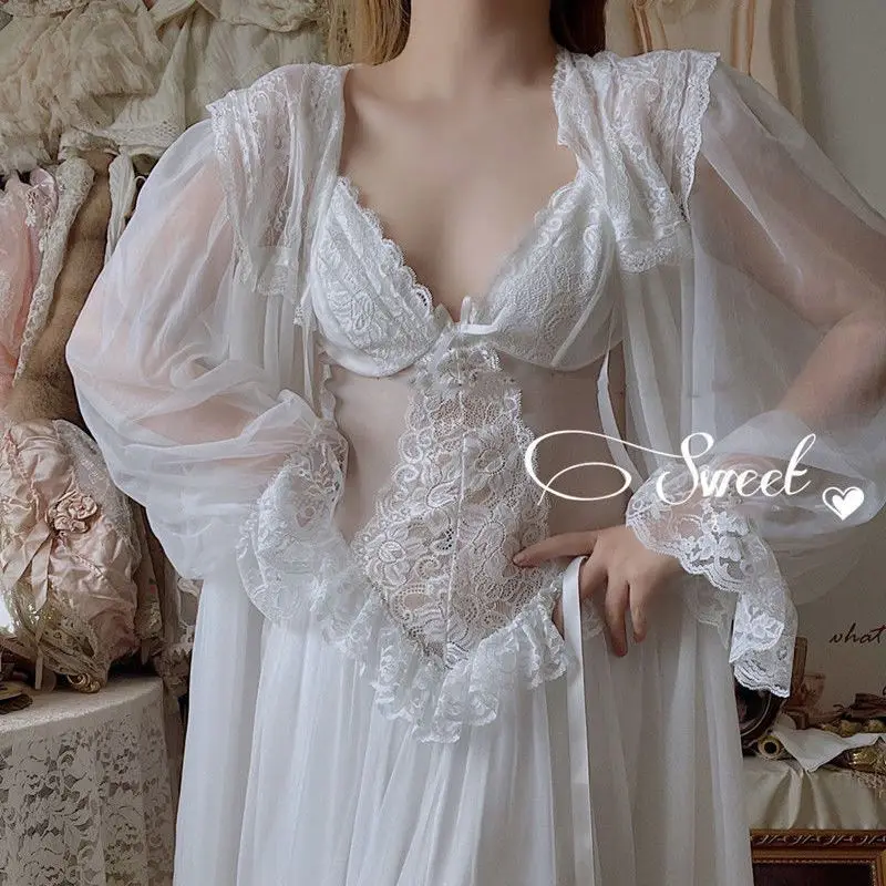 Women French Nightdress Princess Sleepwear White Lace Fairy Night Dress Victorian Vintage Nightgown Kawaii Nightdress Loungewear