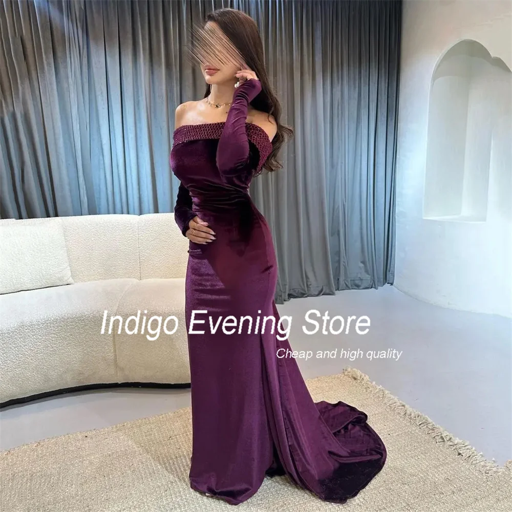 Indigo Mermaid Prom Dresses Strapless Long Sleeve Open Back Velvet Elegant Evening Gowns For Women 2024 Sweep Train فساتين الس