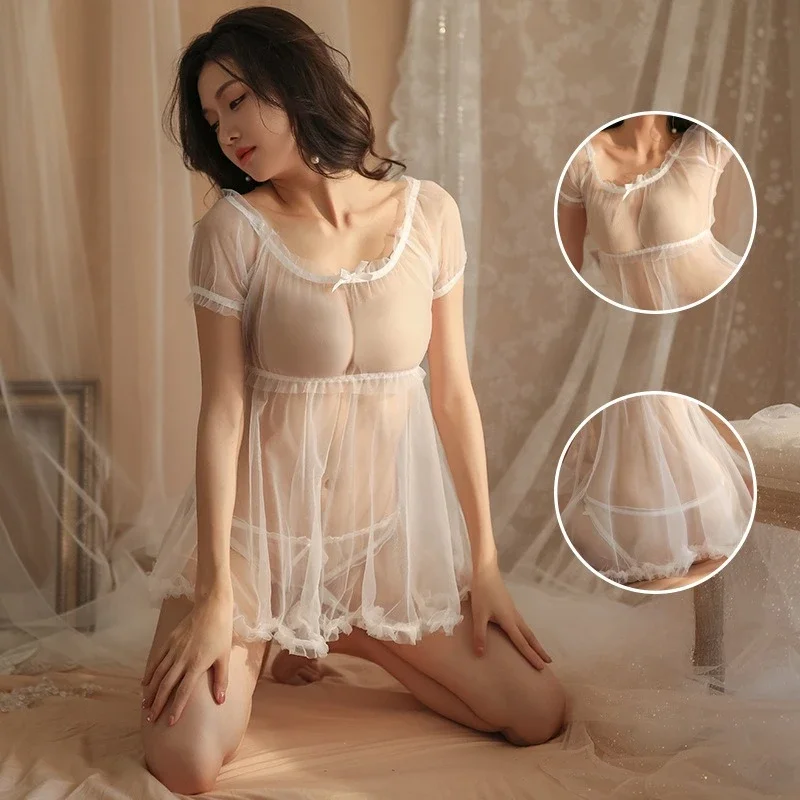 Cute and Sweet Sexy Lingerie Pajamas See-through Provocative Transparent Bed Nightdress Free From Temptation Passion Suit 2pc