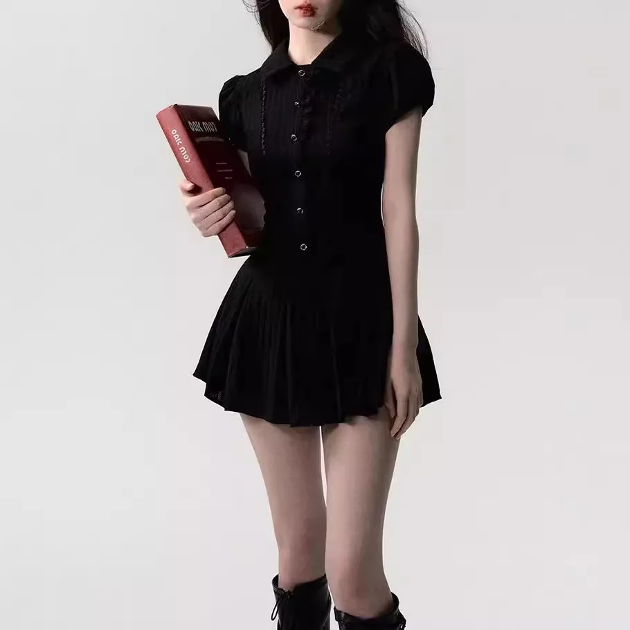

High Quality Womens A Line Dress Elegant Sexy Lace Short Sleeve Shirt Dress Preppy Style Decorative Retro Commuter Mini Dress
