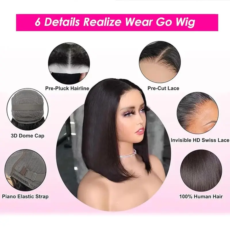 12インチ接着剤不要人毛ウィッグ ブラジリアンストレートボブウィッグ 4x4プレカットレースウィッグ 女性用HDレースフロント人毛ウィッグ