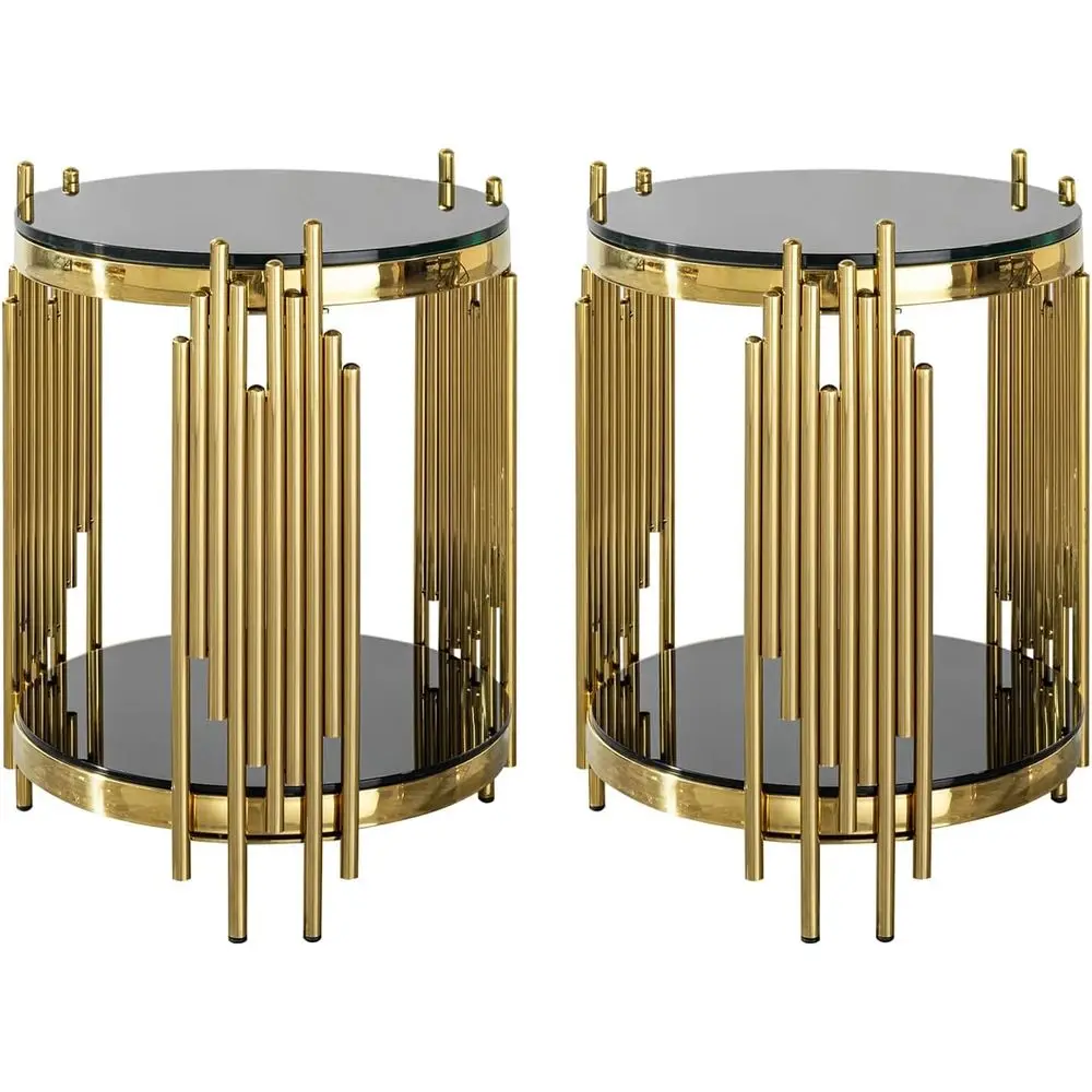 

Elegant 2-Tier Round End Tables with Black Tempered Glass and Gold Stainless Steel, Perfect for Living Room, Bedroom, Office, or