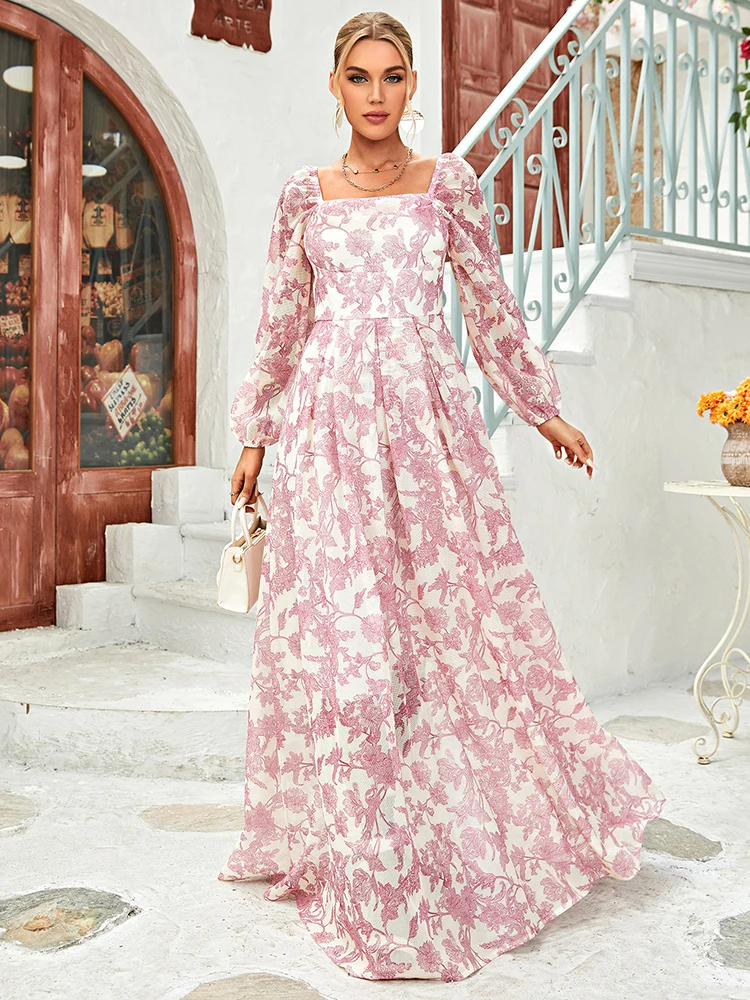 女性のフロア丈ドレス,エレガント,ボヘミアン,ランタンスリーブ,スクエアカラー,パーティードレス,スタイリッシュなプリント