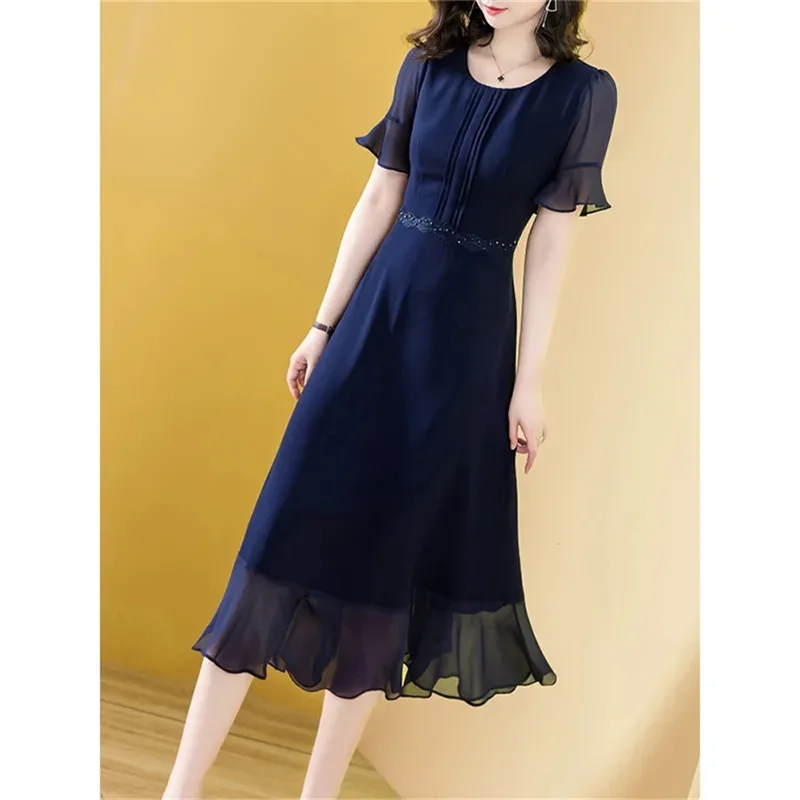

High End French Style Patchwork Ruffle Short Sleeved Dress For Women's 2023 Summer Loose Fitting And Comfortable Lace-Up Dress W