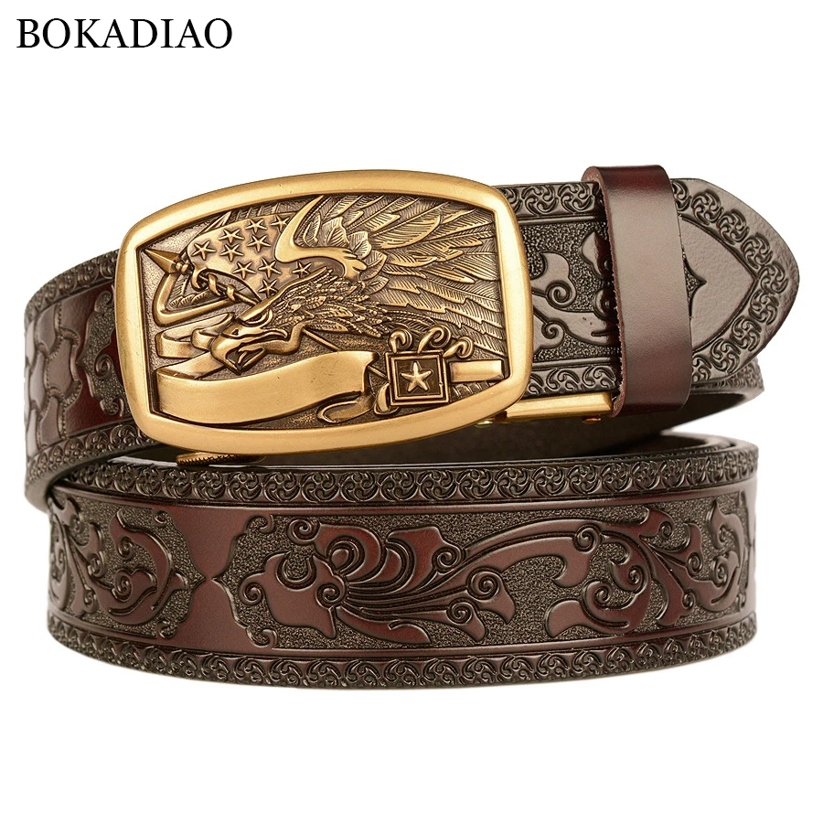 

BOKADIAO Men Genuine Leather Belt Luxury USA Eagle Metal Automatic Buckle Cowhide Belts for Men Jeans Waistband Male Strap Black