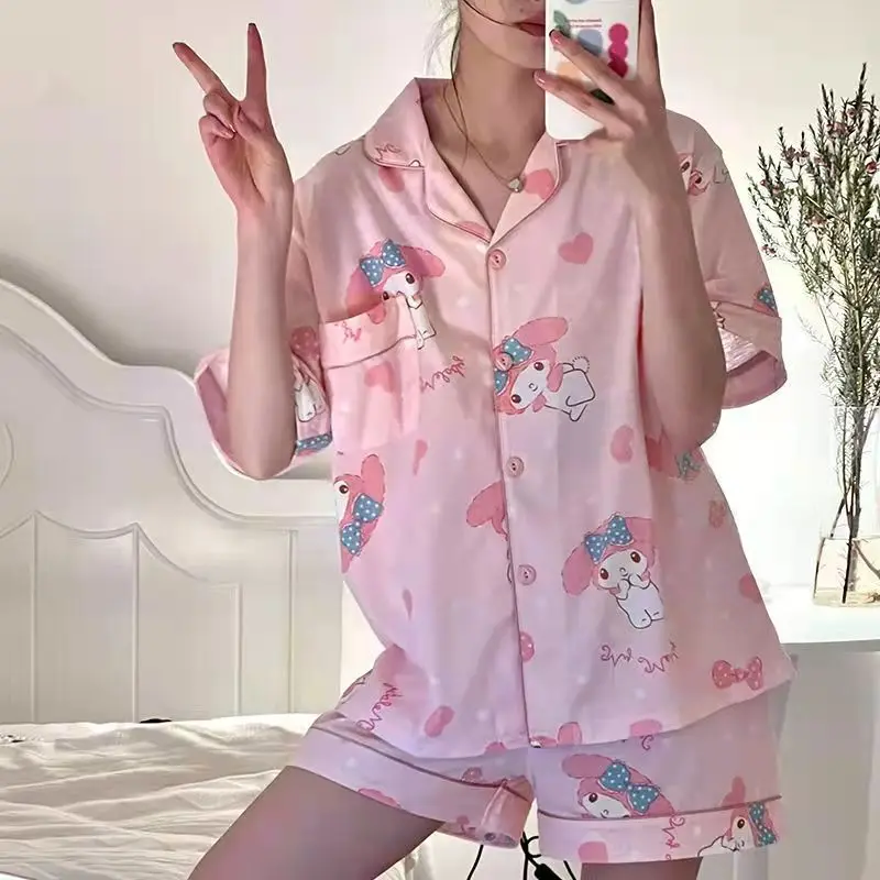

Cartoon Sanrio Hello Kitty Melody Cinnamoroll Woman's Pajamas Set Anime Short Sleeve Fashion Loose Casual Girls Student Homewear