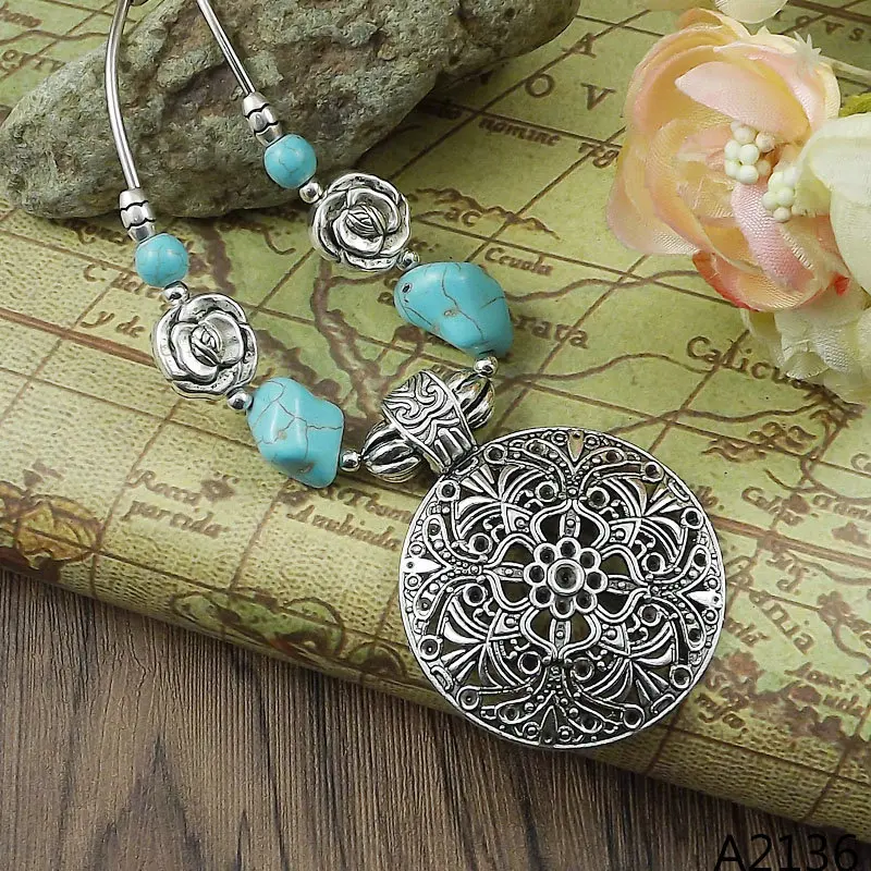 Bohemian Concho Turquoise Stone Flower Pendant Necklace Western Jewelr Statement Ethnic Style Necklaces Boho Gift For Women Girl