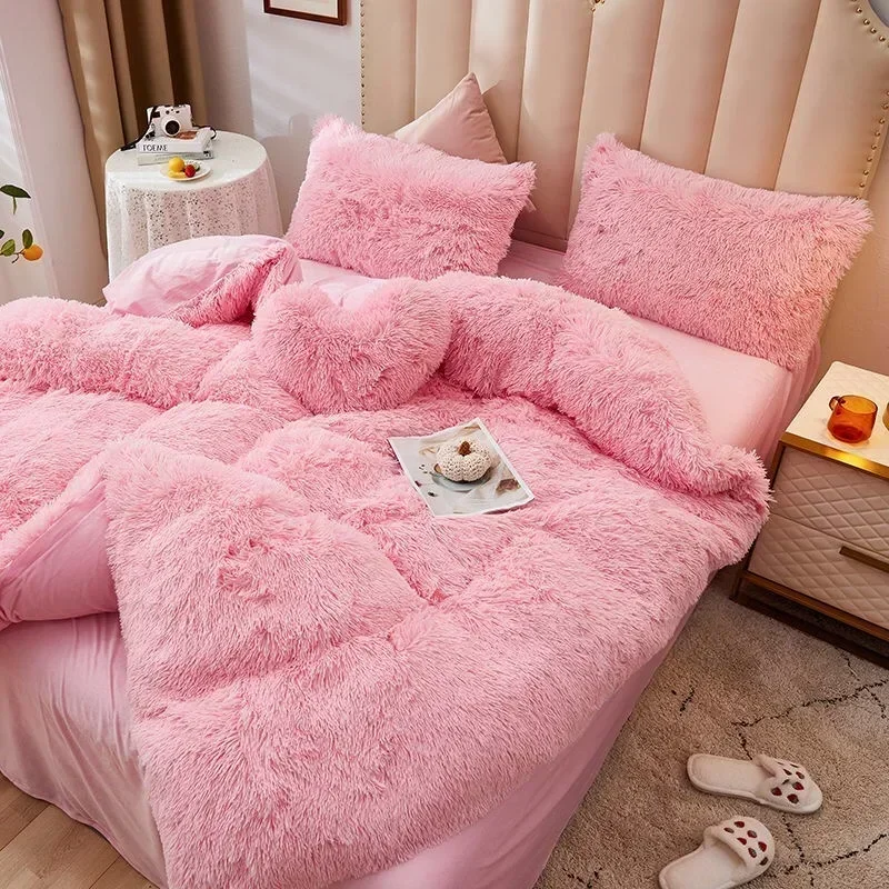 New Winter Warm Plush Duvet Cover Pink Romantic Princess Mink Velvet +Fluffy Flannel Quilt Cover Luxury Bedding Set King Size