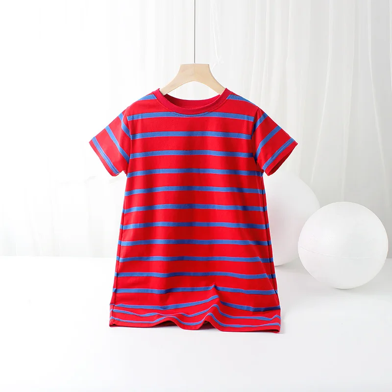 Dress For Girls Red Blue Knit Striped Summer Dresses Korean Version Style Teenage Kids Clothes 6 8 10 12 14 Year