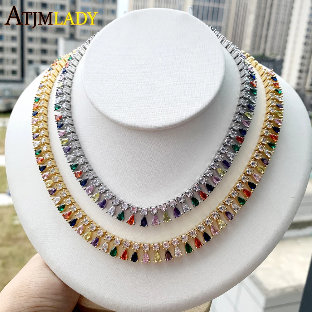 Fashion Rainbow Cz Charm Choker Necklace 32+10cm Elegance Delicate Girl Women Bling Tear Drop CZ Dot Link Tennis Chain Jewelry