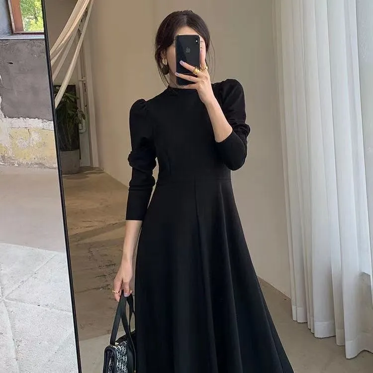 casual elegant womens clothing 2024 latest korean style fashion long sleeve dress Midi Black dress autumn dress women