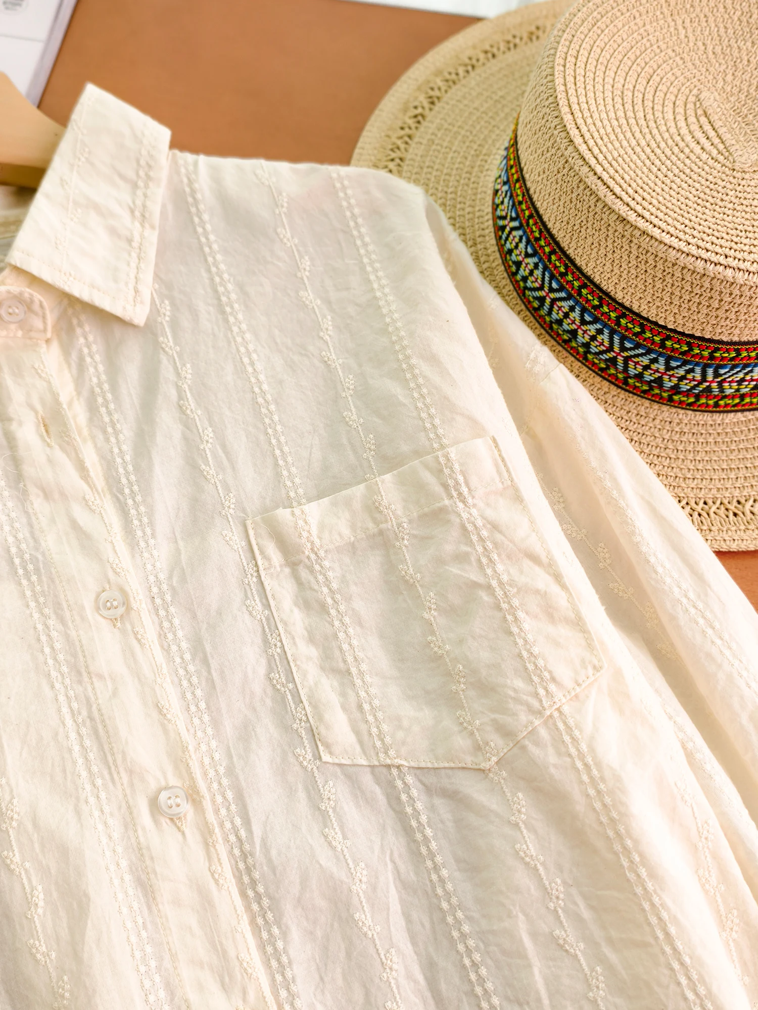 

Loose Fit Long Sleeve Embroidered Cotton Shirt Simple Artistic Turn-down Collar Comfortable Breathable Women's Casual Shirt