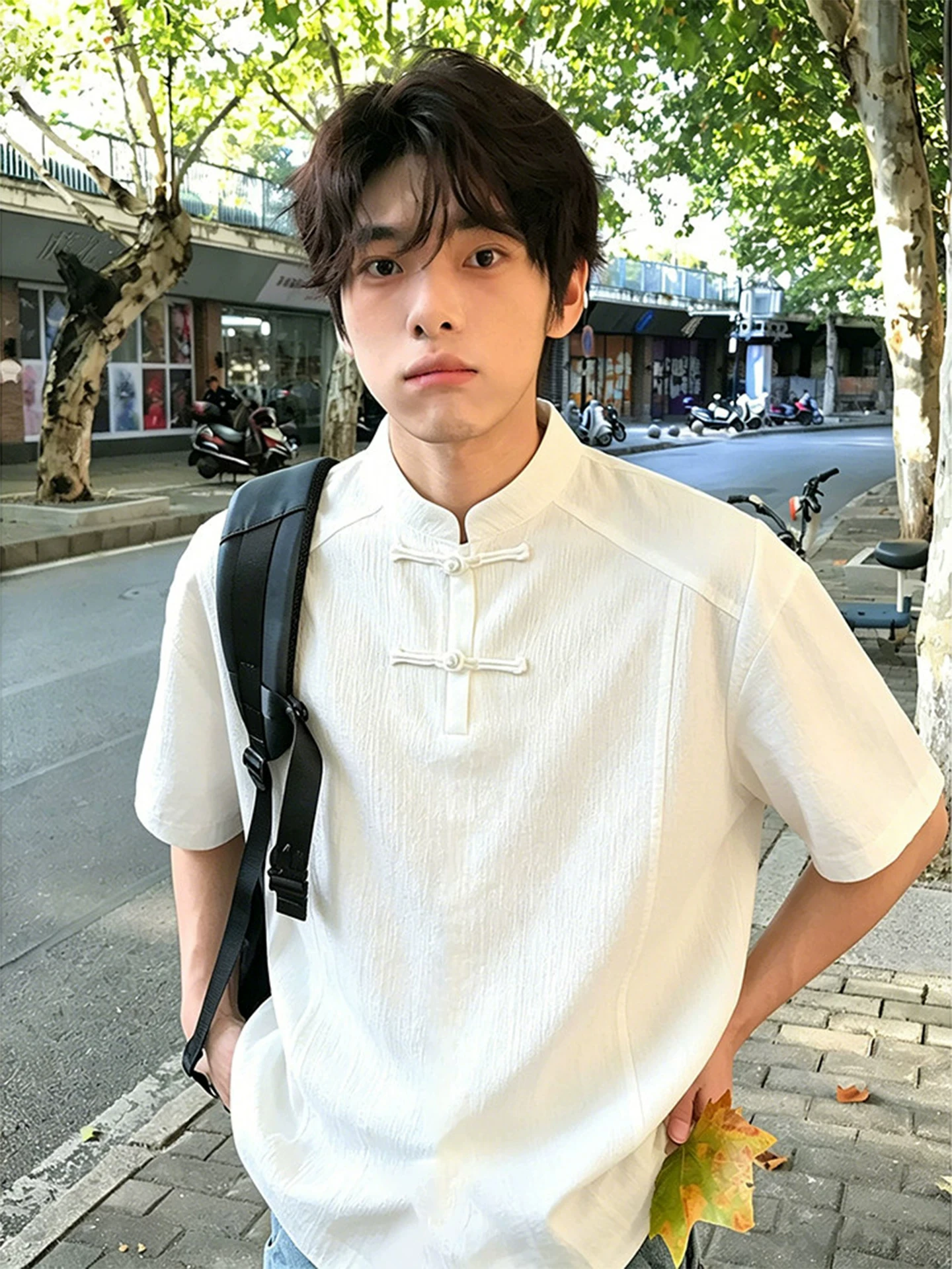 White Texture Quick Dry Short Sleeve Men's  Shirt Summer Splice Design Half Sleeve Stand Collar Button up Shoulder T-Shirt