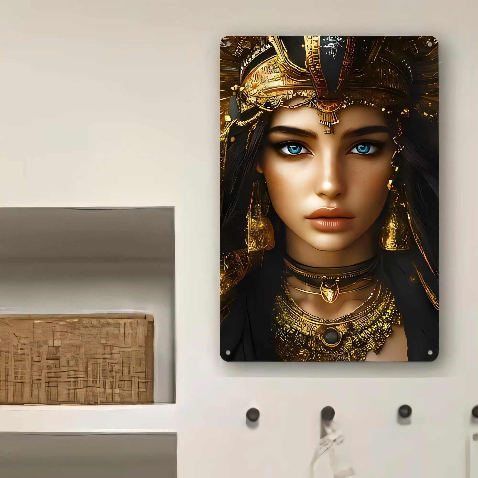 Tin Sign Vintage Egyptian Cleopatra Queen Portrait Metal Wall Art Plaque, Retro Gold Foil Look Decorative Poster for Living Room