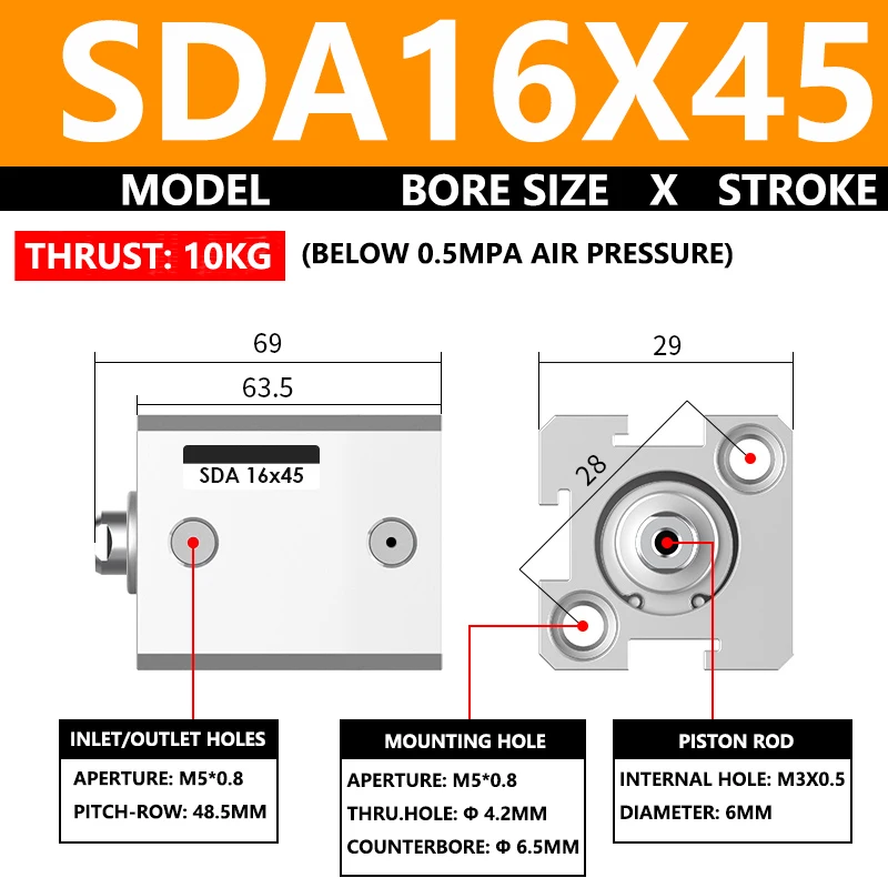ABILKEEN SDA16X45 SDA Series Thin Air Cylinder 16MM Female Thread Bore X 45MM Stroke Double Acting Pneumatic Compact Cylinder