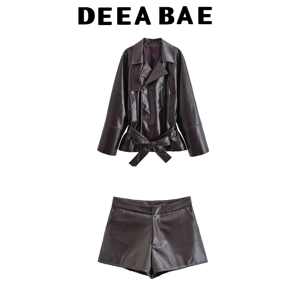 

DEEABAE женская одежда, осень 2021, новая мода, индивидуальный комплект из искусственной кожи с лацканами и длинными рукавами, короткая ветровка и шорты