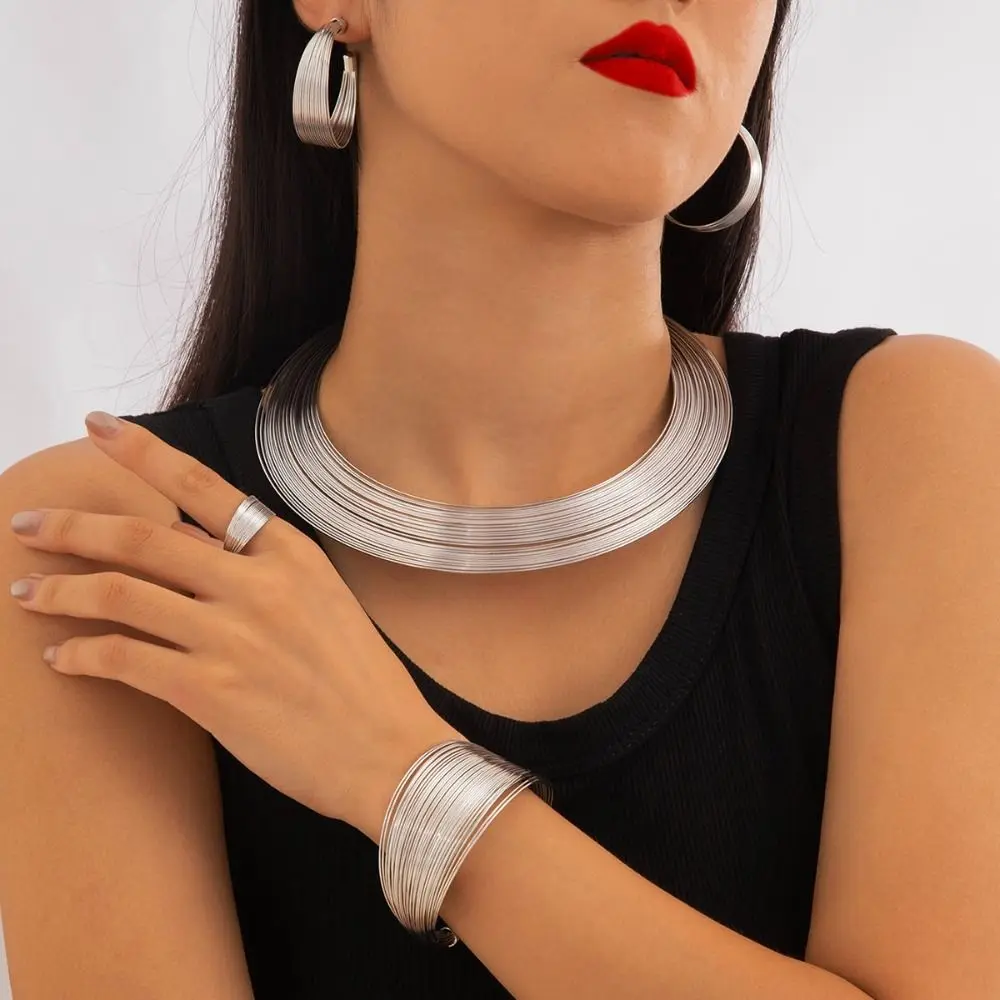 Elegant Earring Multilayer Metal Wire Jewelry Set Korean Style Jewelry Accessories Exaggerated Necklace Alloy Finger Ring Women image 6